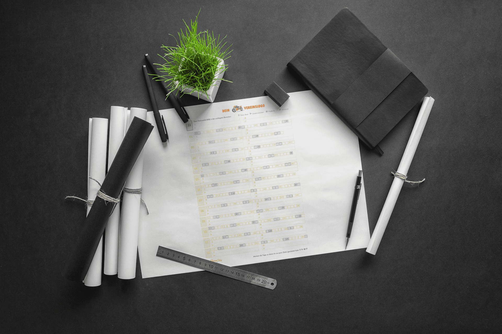 Der super praktische Vereins-Jahresplaner 2023 - kostenlos zum Ausdrucken mockup of a sketch paper over a dark surface 2334 el1